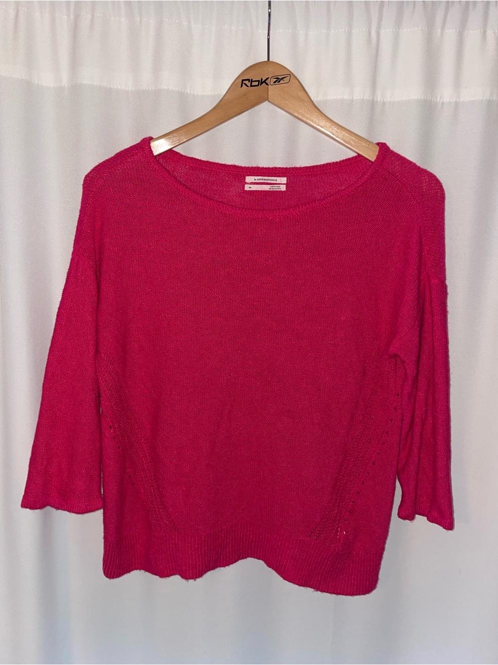 Anthropologie bright pink sweater 3/4 sleeve linen blend knit women’s XS magenta